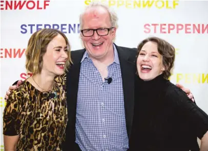  ?? | JAMES FOSTER/ FOR THE SUN- TIMES ?? Honoree Sarah Paulson ( from left), actor and playwright Tracy Letts and his wife, actress Carrie Coon, enjoy a laugh at the Steppenwol­f “Women in the Arts” luncheon Monday at the Radisson Blu Aqua Hotel.