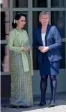  ?? — AP ?? Sweden’s foreign minister Margot Wallstrom and Myanmar’s state counsellor Aung San Suu Kyi in Stockholm on Monday.