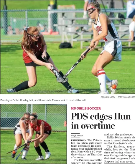  ?? GREGG SLABODA — TRENTONIAN PHOTO ?? Pennington’s Kat Horsley, left, and Hun’s Julia Revock look to control the ball.