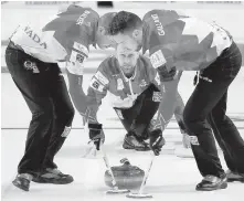  ?? JOHN LOCHER, THE ASSOCIATED PRESS ?? Team Canada skip Brad Gushue delivers a stone against Sweden during the gold-medal game in Las Vegas.