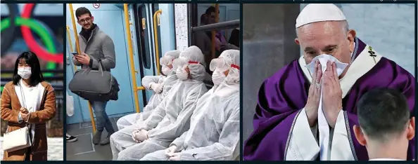  ??  ?? NO RISKS: Commuters on a Milan train cover up completely
STRUGGLING: Pope wipes his nose during a Vatican service