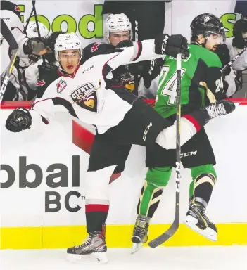  ?? GERRY KaHRMANN ?? Vancouver Giants forward Justin Sourdif and former Prince Albert Raider Cole Fonstad will clash again on Friday as Sourdif is expected to make his return to the lineup against Everett, Fonstad’s new team.