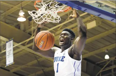  ?? Chuck Liddy / Associated Press ?? Duke highly touted freshman Zion Williamson dunks during an exhibition against Virginia Union on Oct. 23.