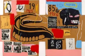  ?? The Andy Warhol Foundation for the Visual Arts ?? From June 7 through Sept. 20, The Andy Warhol Museum on the North Side will feature the artistic collaborat­ions between Warhol and Jean-Michel Basquiat, including this 1985 collage, “Dentures/Keep Frozen.”