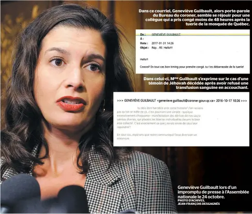  ?? PHOTO D’ACHIVES, JEAN-FRANÇOIS DESGAGNÉS ?? Geneviève Guilbault lors d’un impromptu de presse à l’Assemblée nationale le 24 octobre.