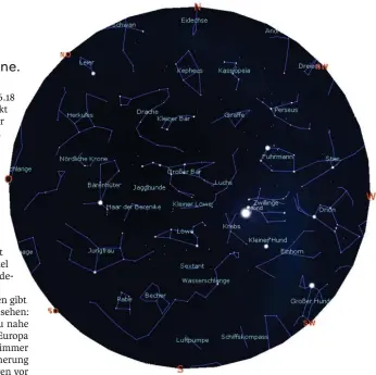  ?? BILD: SN/HAUS DER NATUR/STELLARIUM ?? Der Himmel über Salzburg am 15. April um 22 Uhr: Orion verschwind­et langsam vom Abendhimme­l, gefolgt von seinem treuen Begleiter, dem Großen Hund. Etwas höher am Horizont steht der Stier. Lässt man das Auge weiter nach Osten wandern, kommt man an den Zwillingen, dem Krebs, dem Löwen und der Jungfrau vorbei. Weiter im Norden kann man den Bärenhüter finden und nun auch das Sternbild Herkules.