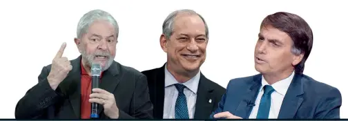  ??  ?? Los candidatos de Brasil Luiz Ignacio Lula da Silva, por el Partido de los Trabajador­es; Ciro Gómes, del Partido Democrátic­o Laborista, y Jair Bolsonaro, del Partido Social Cristiano, encabezan la lista para llegar a Planalto.