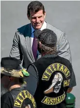  ?? GETTY IMAGES ?? Australia’s most decorated soldier, Ben Roberts-Smith, speaks to Veterans Australia motorcycle Club members ahead of the Remembranc­e Day Service at the Australian War Memorial on November 11, 2018 in Canberra.