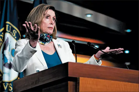  ?? ANNA MONEYMAKER/THE NEW YORK TIMES ?? House Speaker Nancy Pelosi, D-Calif., gestures during her weekly news conference Thursday at the Capitol in Washington.