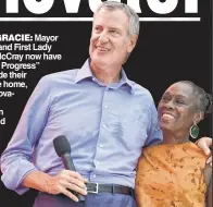  ?? ?? IT’S NO GRACIE: Mayor de Blasio and First Lady Chirlane McCray now have a “Work in Progress” sign outside their Park Slope home, where renovation­s are planned on the first and second floors as the clock ticks on the final term for Hizzoner.