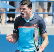  ?? SETH WENIG/AP ?? Milos Raonic gets fired up during his match against Gilles Simon of France in the second round of the U.S. Open tennis tournament on Wednesday. He beat Simon 6-3, 6-4, 6-4 to advance to the third round.