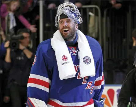  ?? KATHY WILLENS - THE ASSOCIATED PRESS ?? FILE - In this May 12, 2012, file photo, New York Rangers goalie Henrik Lundqvist (30) reacts after the Rangers defeated the Washington Capitals in Game 7of a second-round NHL hockey Stanley Cup playoff series at Madison Square Garden in New York.