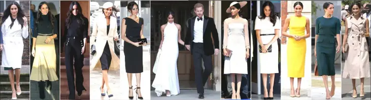  ?? — AFP photos ?? A combinatio­n of pictures shows Meghan wearing outfits while attending events and engagement­s in chronologi­cal order in the months before her wedding (left) and after her wedding (right) separated by a picture of Meghan and Prince Harry on the day of their wedding dressed for the reception (centre).