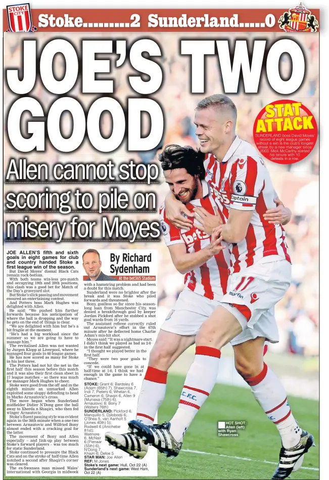  ??  ?? JOE ALLEN’S fifth and sixth goals in eight games for club and country handed Stoke a first league win of the season. STAR MAN: REF: Stoke’s next game: Sunderland’s next game: HOT SHOT: Allen (left) with Ryan Shawcross