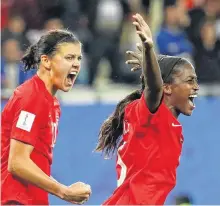  ?? DENIS BALIBOUSE/REUTERS ?? Canada’s Christine Sinclair, left, and teammate Nichelle Prince celebrate a goal during a World Cup game against New Zealand on June 15, 2019.