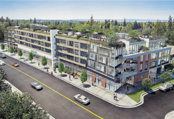  ??  ?? An artist’s rendering of Sterling, a 37-unit project from Cressey Developmen­t Group to rise at the corner of 49th Avenue and West Boulevard in Kerrisdale.