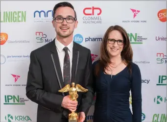  ??  ?? Joel Duffy of Markievicz Pharmacy, Sligo with the Pharmaton People’s Pharmacist of the Year Award 2018 with Tanya O’Toole, Consumer Healthcare Manager, Sanofi.