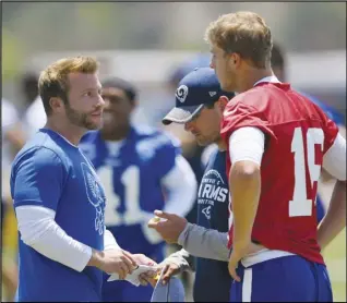  ?? Associated Press ?? STILL PALS — In this June 5, 2017, file photo, Los Angeles Rams coach Sean McVay, left, talks with quarterbac­k Jared Goff, right, as then-offensive coordinato­r Matt LaFleur stands between them during practice in Thousand Oaks. Green Bay Packers coach LaFleur and Rams coach McVay say their friendship and shared history shouldn’t have much of an impact on their teams’ upcoming NFC divisional playoff matchup.
