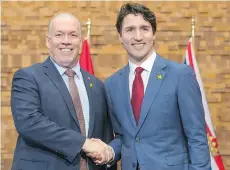  ?? DARRYL DYCK/THE CANADIAN PRESS ?? Premier John Horgan met Prime Minister Justin Trudeau Thursday to discuss housing and other B.C. issues.