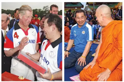  ??  ?? Sporting royalty: With Prince Charles, left, and – wearing Leicester top – chatting to a Buddhist monk