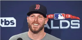  ?? AP ?? Boston Red Sox starting pitcher Chris Sale speaks to media before a baseball workout at Fenway Park, Thursday in Boston, in preparatio­n for Game 1 of the ALDS against the New York Yankees on Friday.