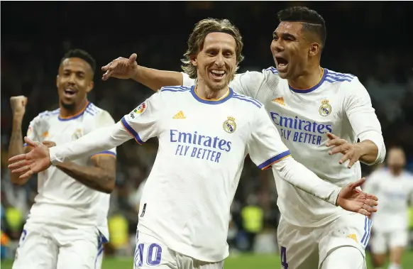  ?? Reuter ?? Luka Modric, centre, Casemiro, right, and Toni Kroos are the Real Madrid midfield trio that Manchester City must overcome in tonight’s semi-final