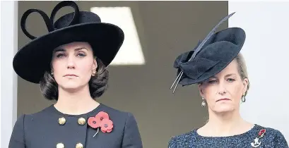  ?? Pictures: JONATHAN BUCKMASTER, JAMES WHATLING AND ANDY RAIN ?? The Duchess of Cambridge, left, and the Countess of Wessex during the Remembranc­e Sunday ceremony