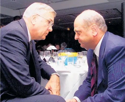  ?? Photo / NZME File ?? Fred Benson, president of the US-NZ Council, and Mike Moore at the 2002 dinner in Moore’s honour.