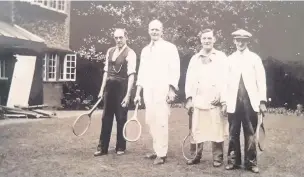  ??  ?? Pictured on July 14, 1937 is Harry Peberdy (second left) engaged in a little dinner break tennis at Hemp Pit Hill House, Brand Lane, Woodhouse Eaves. His grandson Alan Godber said that the house at this time was owned by the county council and used as...