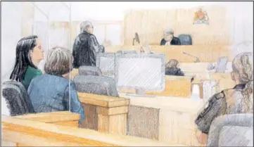  ??  ?? Meng (left), who was arrested on an extraditio­n warrant, appears at her BC Supreme Court bail hearing in a drawing in Vancouver, British Columbia. — Reuters photo