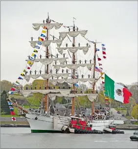  ?? SEAN D. ELLIOT/THE DAY ?? The Mexican tall ship ARM Cuauhtémoc, tall ship of the Mexican navy, arrives in New London for a five-day port call Monday.