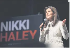  ?? AP ?? NIKKI HALEY. La candidata le dedicó algunas palabras de apoyo a DeSantis, gobernador de Florida.