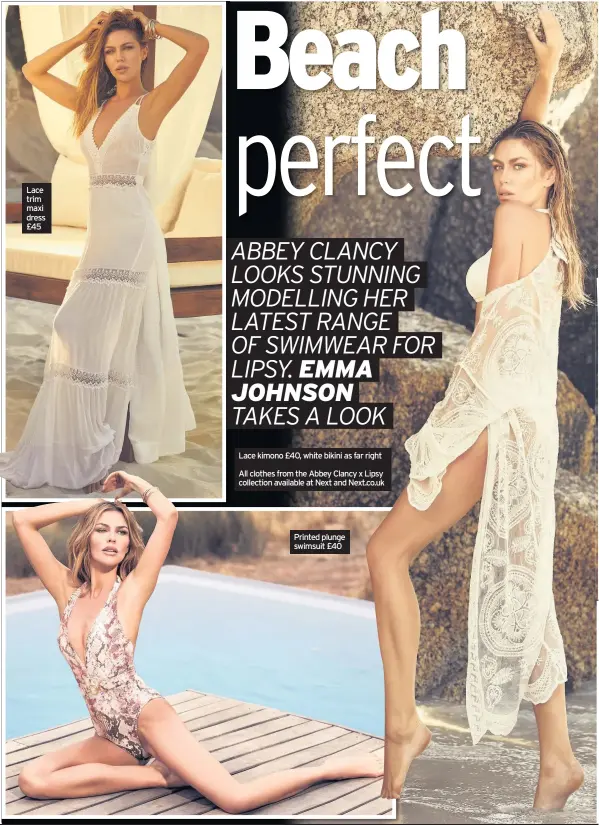  ??  ?? Lace kimono £40, white bikini as far right
All clothes from the Abbey Clancy x Lipsy collection available at Next and Next.co.uk