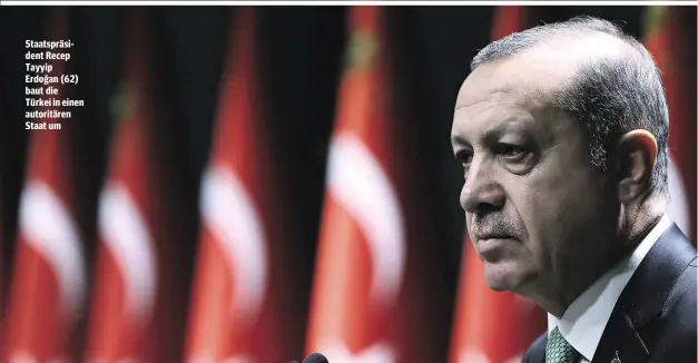  ??  ?? Staatspräs­ident Recep Tayyip Erdoğan (62) baut die Türkei in einen autoritäre­n Staat um