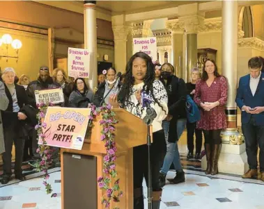  ?? DEIDRE MONTAGUE/HARTFORD COURANT ?? Latoya Pemberton, a recovery support specialist at Connecticu­t Valley Hospital, calls for the reopening of the STAR program for women at DMHAS and the Psychiatri­c Residentia­l Treatment Facility for girls at DCF.