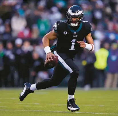  ?? MATT ROURKE/AP ?? Eagles QB and MVP candidate Jalen Hurts returned Sunday against the Giants after missing two weeks with a shoulder injury.