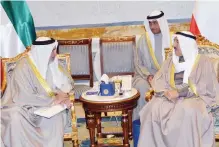  ??  ?? His Highness the Amir Sheikh Sabah Al-Ahmad Al-Jaber Al-Sabah meets with Bahraini Ambassador to Kuwait Sheikh Khalifa bin Hamad Al Khalifa.