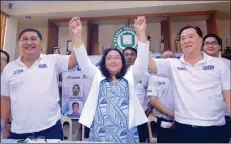  ?? (Mymy Alagaban photo) ?? ABB-MKK announced their line-up for the upcoming 2019 midterm elections with (from left) former Bacolod City Vice Mayor Jude Thaddeus Sayson running to retake his previous post, former Bacolod City Councilor Jocelle Batapa-Sigue challengin­g incumbent Mayor Evelio Leonardia, and former Mayor Monico Puentevell­a entering the race for Bacolod City lone district representa­tive.