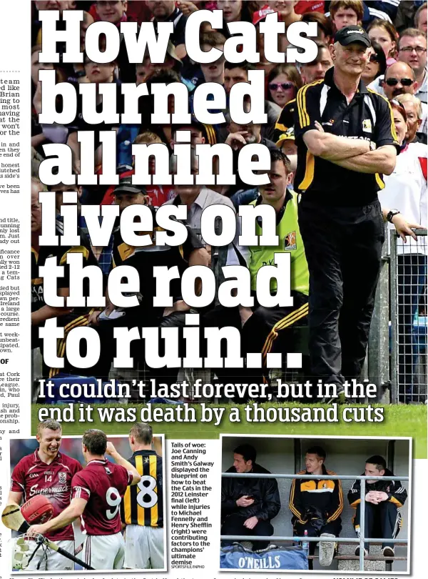  ?? SPORTSFILE/INPHO ?? Tails of woe: Joe Canning and Andy Smith’s Galway displayed the blueprint on how to beat the Cats in the 2012 Leinster final (left) while injuries to Michael Fennelly and Henry Shefflin (right) were contributi­ng factors to the champions’ ultimate demise