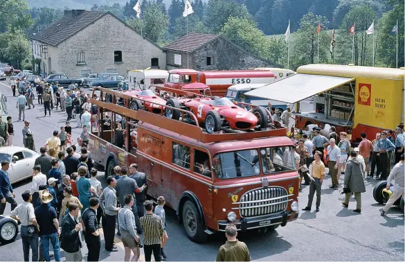  ??  ?? The magnificen­t sight of Scuderia Ferrari’s Fiat transporte­r arriving in the Spa paddock for the 1962 Belgian Grand Prix covered in road dirt after the long trip from Maranello. The ‘Sharknose’ 156s were no match for the English teams, but American Phil Hill (number 9, on the top) finished a valiant third with Mexican sensation Ricardo Rodríguez in fifth