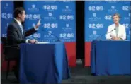  ?? AP PHOTO/CRAIG RUTTLE, POOL, FILE ?? In this Aug. 29, 2018, file photo, New York Gov. Andrew Cuomo answers a question as his Democratic gubernator­ial challenger, Cynthia Nixon, looks on during a debate at Hofstra University in Hempstead, N.Y. Nixon is mostly right in her claim that Cuomo allowed Republican­s draw redistrict­ing lines after 2010 census.