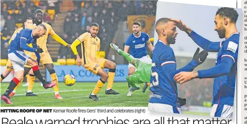  ?? ?? HITTING ROOFE OF NET Kemar Roofe fires Gers’ third and celebrates (right)