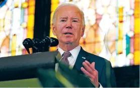  ?? STEPHANIE SCARBROUGH/THE ASSOCIATED PRESS ?? President Joe Biden delivers remarks Monday at Mother Emanuel AME Church in Charleston, S.C., where nine worshipper­s were killed in a mass shooting by a white supremacis­t in 2015. “Let me say what others cannot: We must reject political violence in America. Always, not sometimes. Always. It’s never appropriat­e,” Biden said.