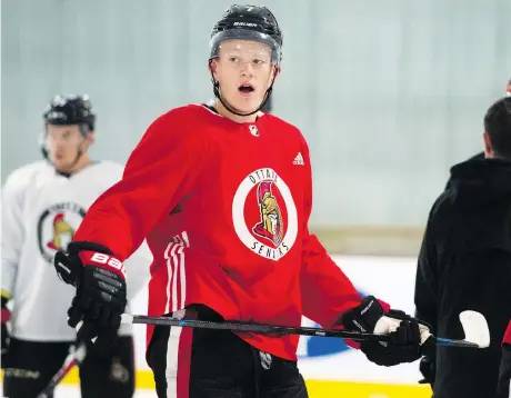  ?? THE CANADIAN PRESS ?? A nagging groin injury might keep Senators rookie Brady Tkachuk from making his NHL debut until Monday in Boston. His parents have flown in from their St. Louis home and they hope he plays on Saturday in Toronto, but if not ... then it’s on to Boston.