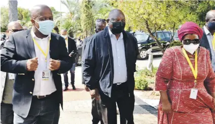  ?? /GCIS ?? President Cyril Ramaphosa and his delegation arrive at the post-sona presidenti­al imbizo in the North West, where residents complained about a wide range of service delivery problems.
