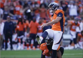  ?? Heidi Fang ?? Denver’s Brandon Mcmanus kicks the decisive field goal against the Raiders on Sunday, which made a New Jersey bettor who placed a $110 live wager on the Broncos $82,000 richer.Las Vegas Review-journal @Heidifang