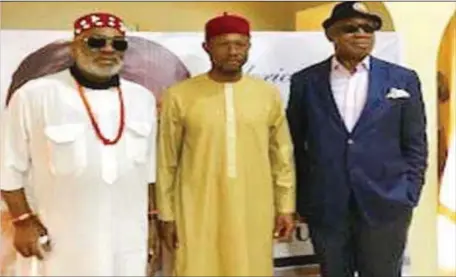  ??  ?? L-R: Former Acting General Secretary of PDP, Senator Ben Ndi Obi; former Minister of Informatio­n and Culture, Hon Emeka Chikelu; and Lagos lawyer, Chief Emeka Ngige, SAN, during a condolence visit to the Chikelus, after the burial of late Mrs. Ifeatu...