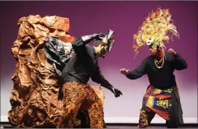  ?? PHOTO COURTESY OF BURTON SCHOOL DISTRICT ?? Wicked Uncle Scar fights his brother King Mufasa near Pride Rock in the Lion King, Jr. musical on Friday, April 29, in the new theater at Burton Middle School.
