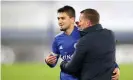  ??  ?? Brendan Rodgers and Cengiz Under celebrate Leicester’s 2-0 victory. Photograph: Plumb Images/Leicester City FC/ Getty Images