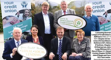  ?? Photo by Michelle Cooper Galvin ?? Launching the Irish League of Credit Union’s AGM were (FRONT LEFT TO RIGHT) Chapter 23 Secretary Christy Killeen; Rathmore CU’s Abina O’Sullivan, Chapter 23 Chairperso­n John Long; Milltown CU’s Mary O’Shea. BACK: Donal Cremin; Chapter 23 PRO...